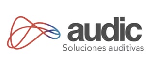 Audic logo featuring a red and blue abstract ear design with the text audic and Spanish tagline Soluciones auditivas